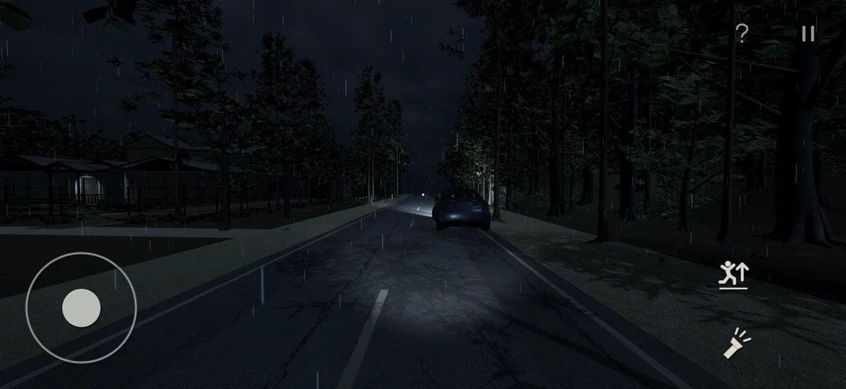 A dark forest road in ALONE with touch controls visible