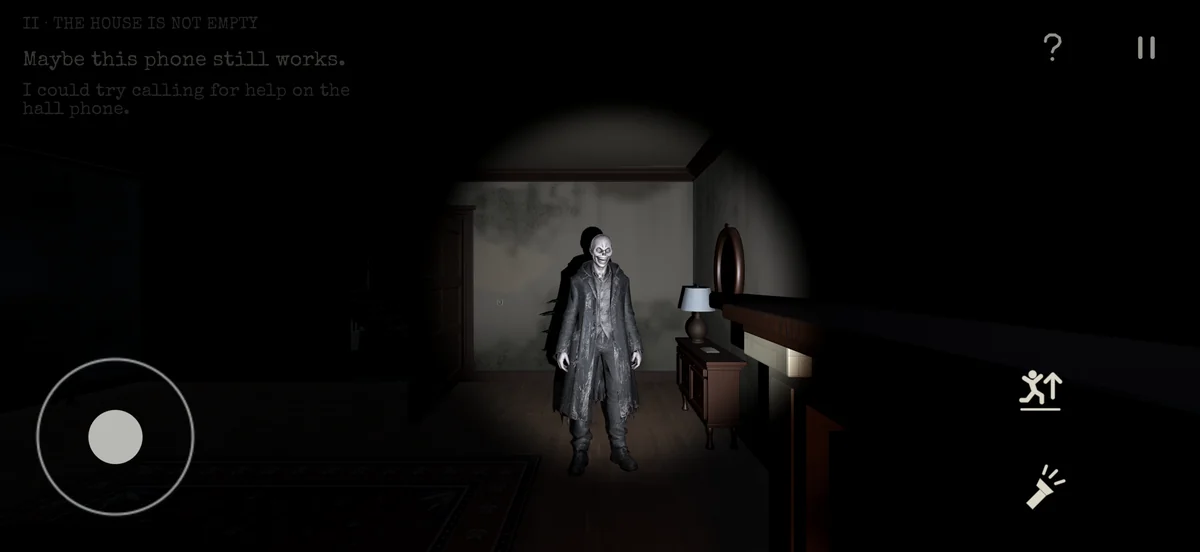 A threatening figure at the end of a dark hallway, with mobile game controls visible